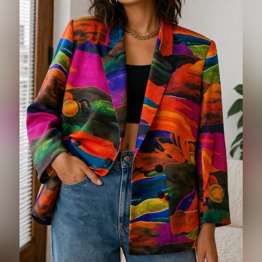 Vintage Ellen Tracy 100% Silk Blazer Abstract Print 90s Double Breasted Art 2
